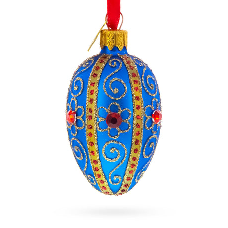 Royal Blue with Gold and Red Gem Accents Mini Glass Egg Ornament 2.9 Inches in Blue color Oval