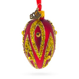 Red with Gold and Green Glitter Flame Design Mini Glass Egg Ornament 2.9 Inches in Red color Oval