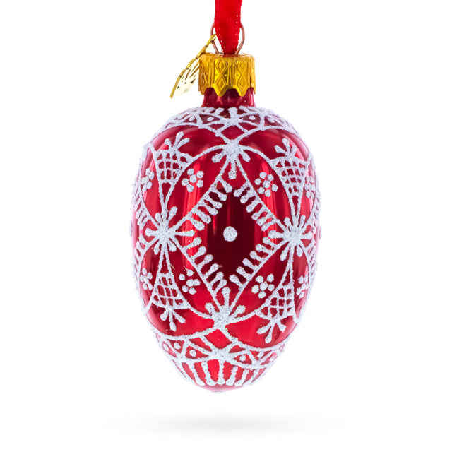 Red with White Glitter Snowflake Lace Design Mini Glass Egg Ornament 2.9 Inches in Red color Oval