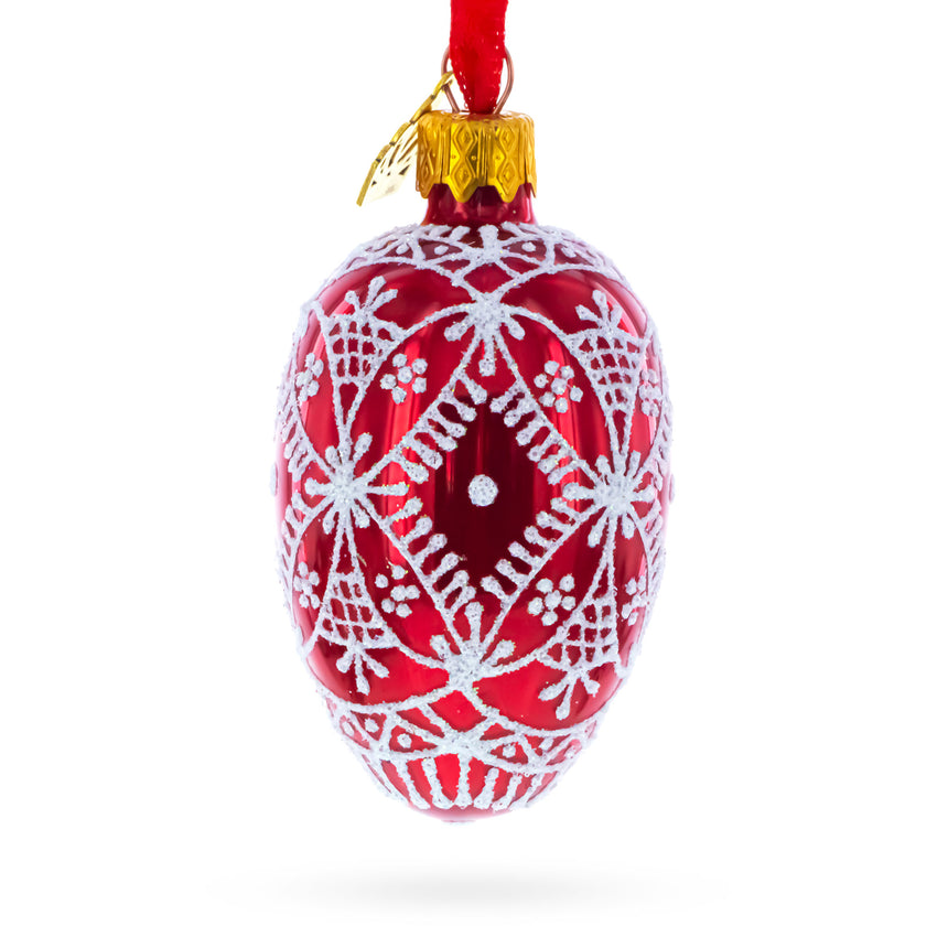 Red with White Glitter Snowflake Lace Design Mini Glass Egg Ornament 2.9 Inches in Red color Oval