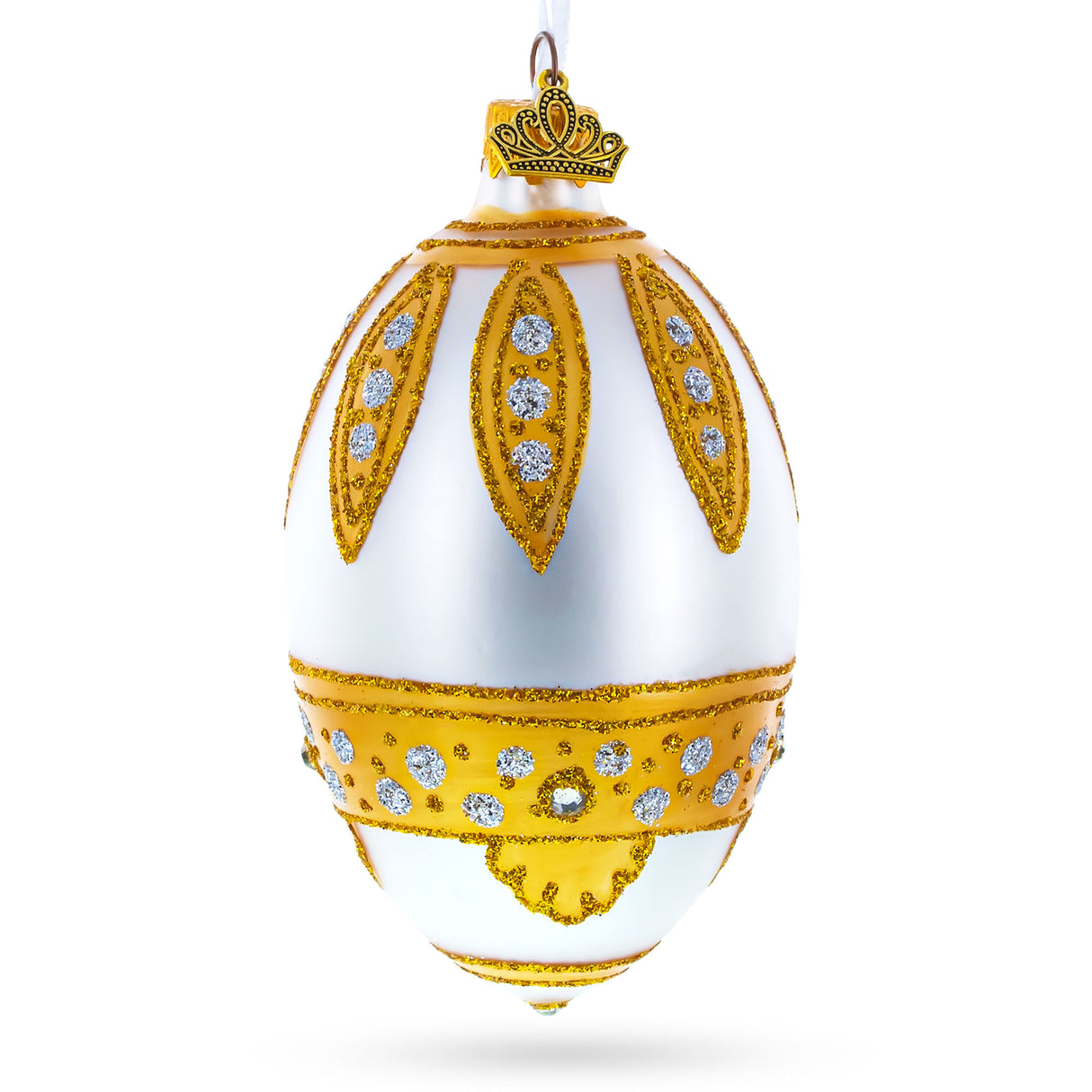 Golden Leaves On White Egg Glass Ornament 4 Inches in Gold color, Oval shape