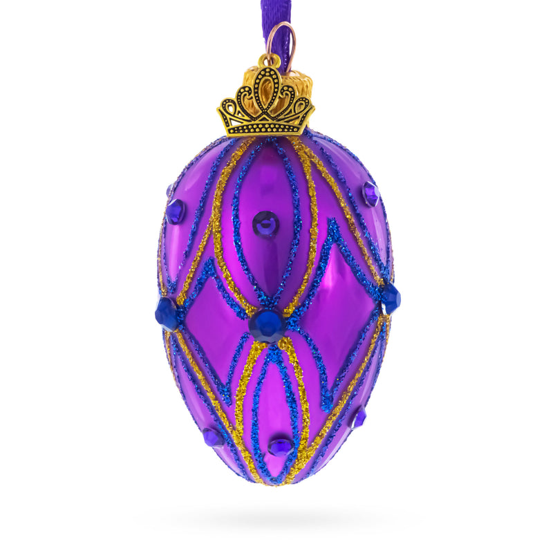 Vibrant Purple with Blue and Gold Glitter Gem Accents Mini Glass Egg Ornament 2.9 Inches in Purple color Oval