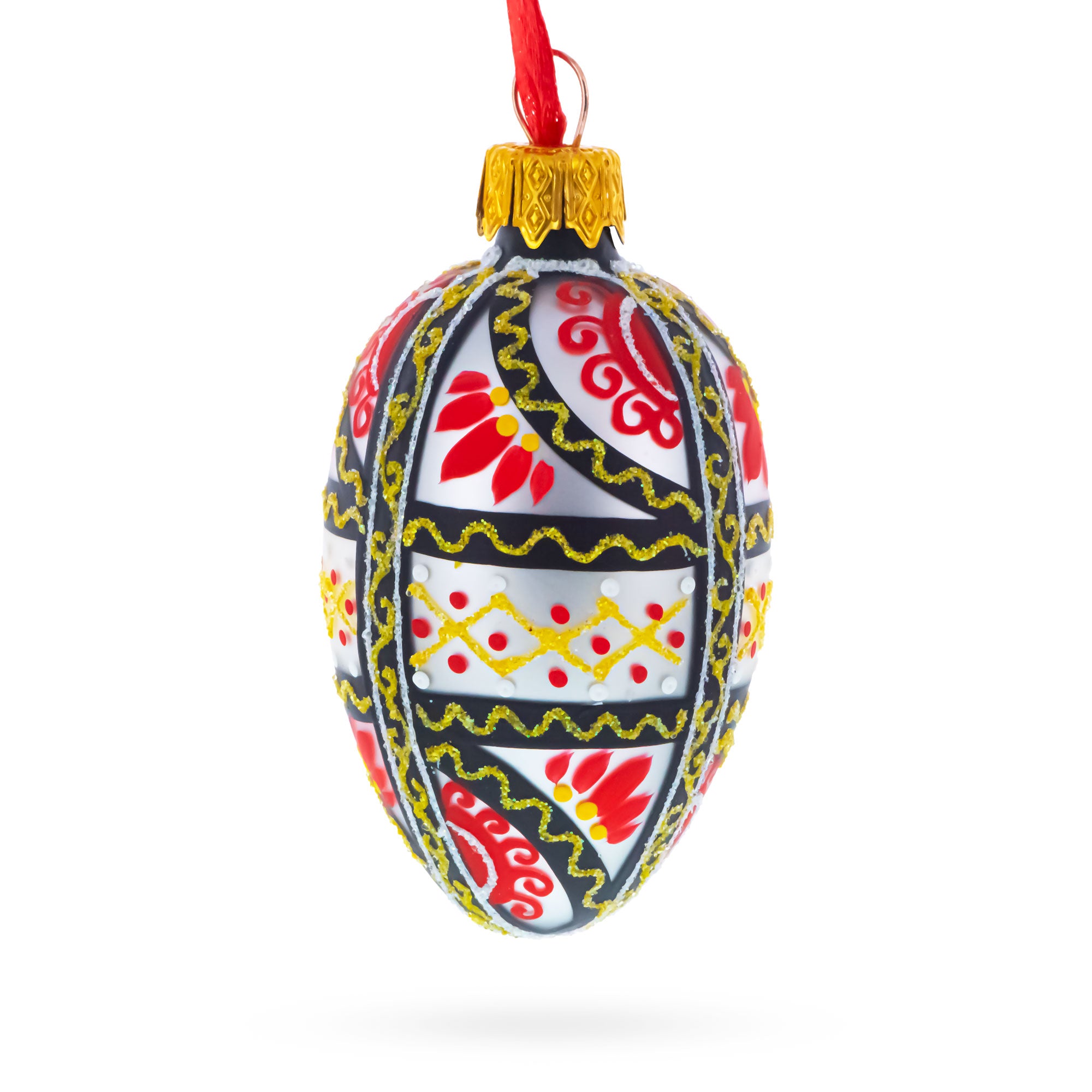 Ukrainian Geometric Red and Gold Mini Glass Egg Ornament 2.9 Inches in White color Oval