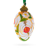 Golden with White and Orange Floral Swirl Design Mini Glass Egg Ornament 2.9 Inches in Gold color Oval