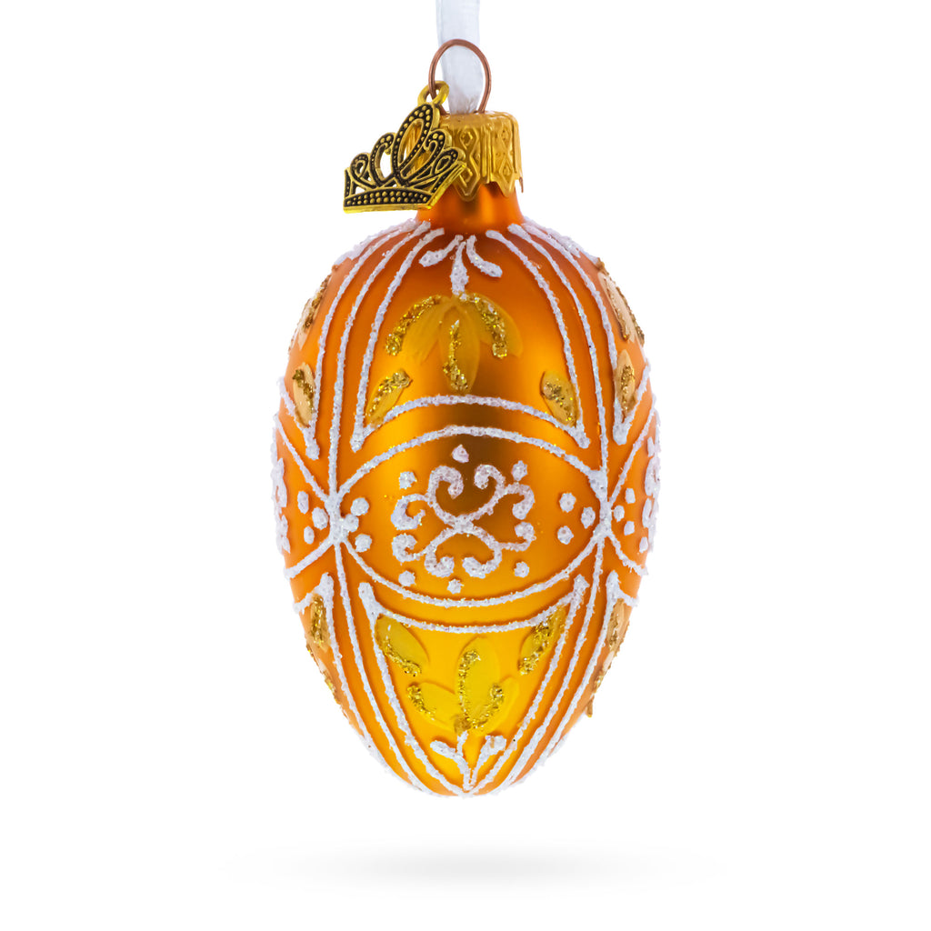 Amber Gold with White and Gold Filigree Design Mini Glass Egg Ornament 2.9 Inches in Gold color Oval