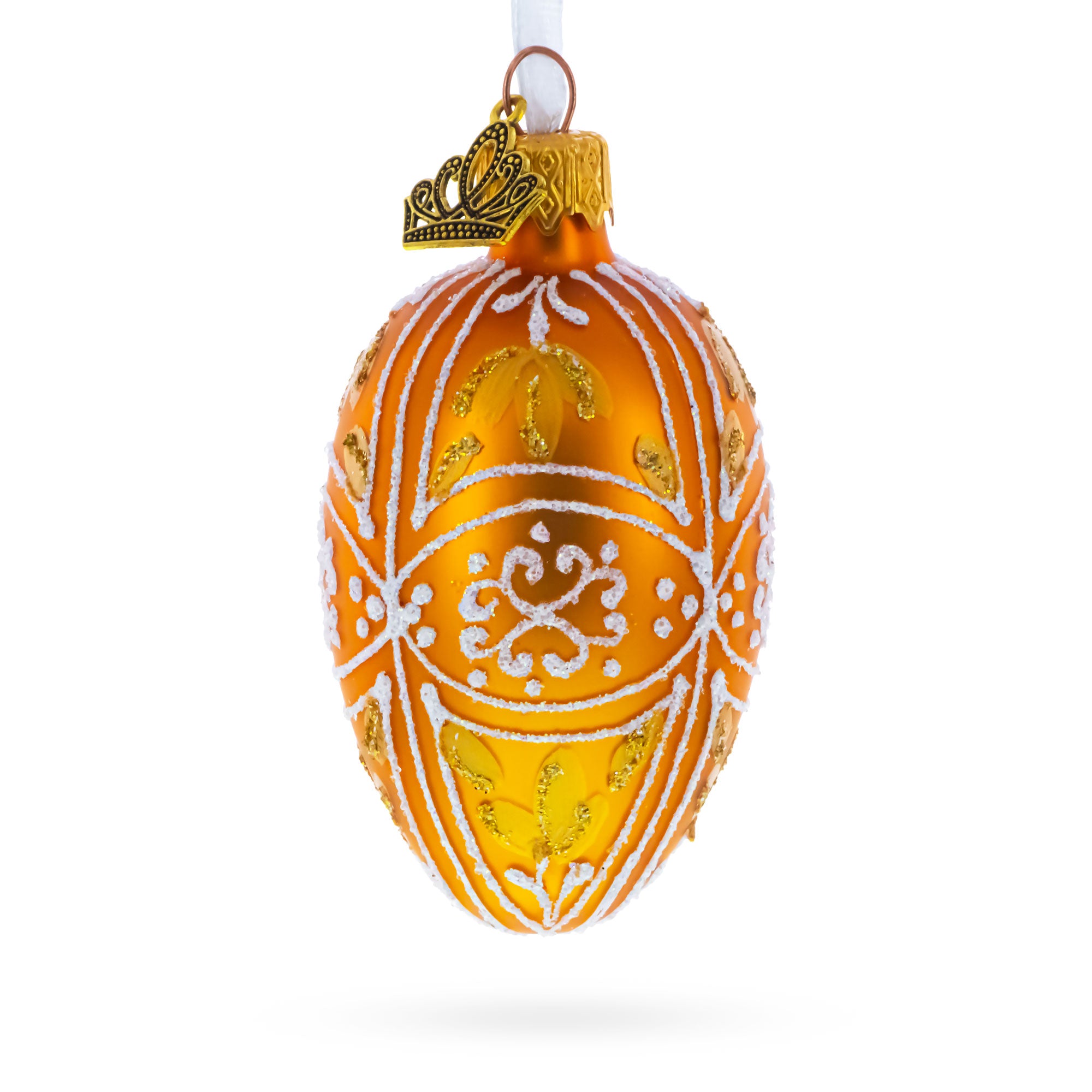 Amber Gold with White and Gold Filigree Design Mini Glass Egg Ornament 2.9 Inches in Gold color Oval