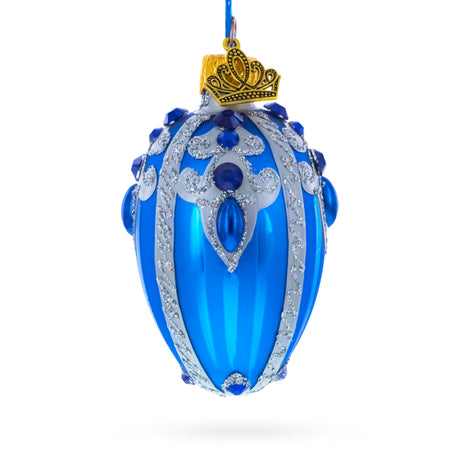 Royal Blue with Silver Glitter and Gem Accents Mini Glass Egg Ornament 2.9 Inches in Blue color Oval