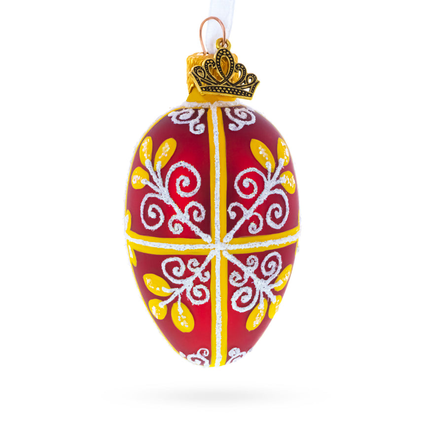 Red and Gold Swirl Design Mini Glass Egg Ornament 2.9 Inches in Red color Oval