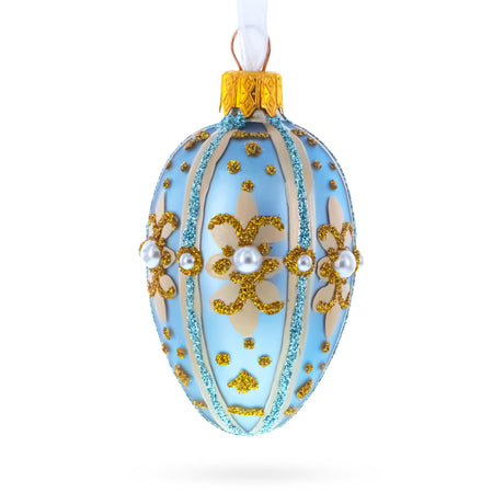 Powder Blue with Gold Glitter and Pearl Accents Mini Glass Egg Ornament 2.9 Inches in Blue color Oval