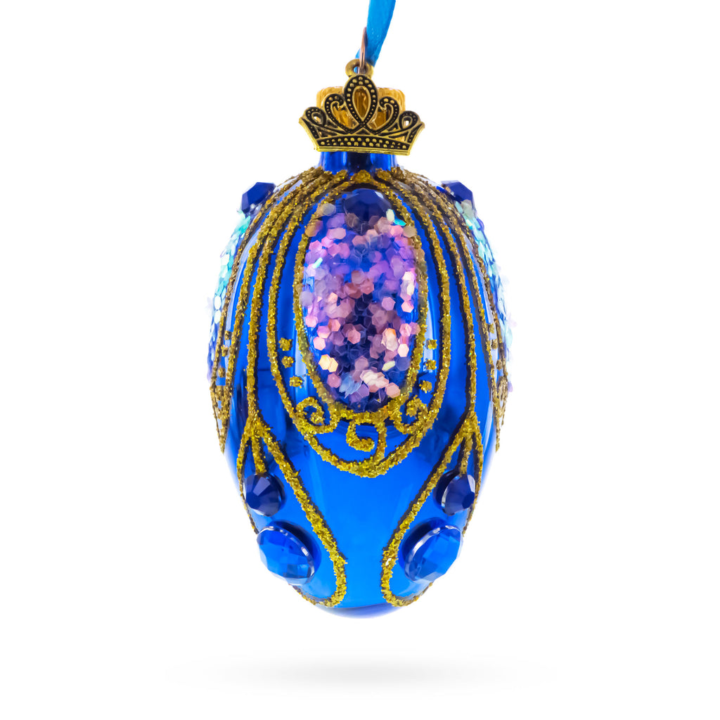Royal Blue with Gold Glitter and Iridescent Sequins Mini Glass Egg Ornament 2.9 Inches in Blue color Oval