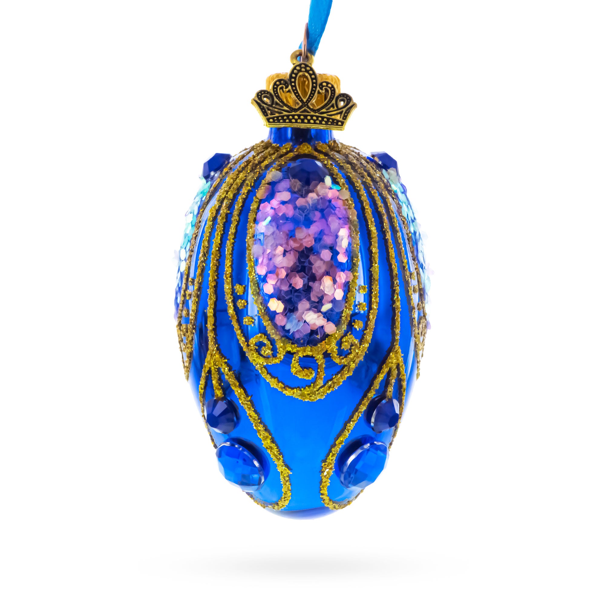 Royal Blue with Gold Glitter and Iridescent Sequins Mini Glass Egg Ornament 2.9 Inches in Blue color Oval