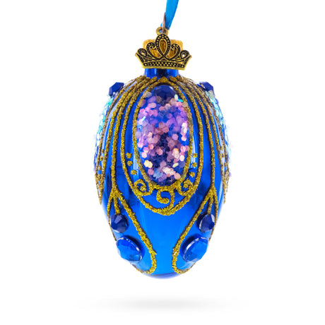 Royal Blue with Gold Glitter and Iridescent Sequins Mini Glass Egg Ornament 2.9 Inches in Blue color Oval