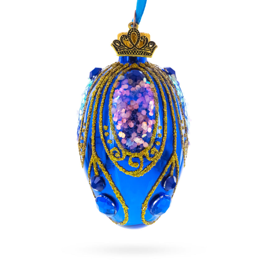 Royal Blue with Gold Glitter and Iridescent Sequins Mini Glass Egg Ornament 2.9 Inches in Blue color Oval