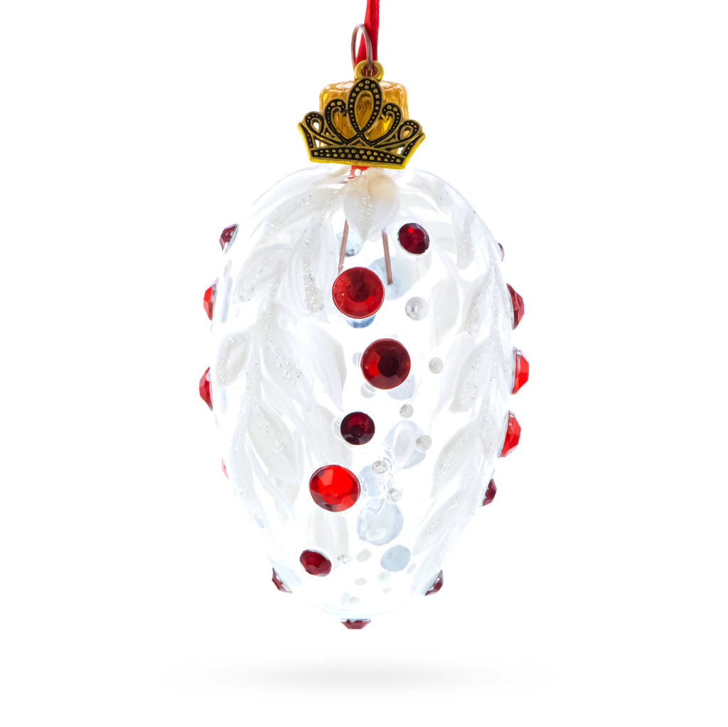 White with Red Gem Accents and Leaf Design Mini Glass Egg Ornament 2.9 Inches in White color Oval