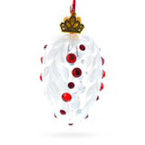 White with Red Gem Accents and Leaf Design Mini Glass Egg Ornament 2.9 Inches in White color Oval
