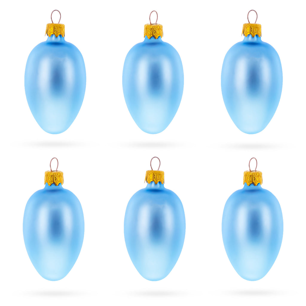 Set of 6 Blue Mini Glass Egg Ornaments 2.9 Inches in Blue color Oval