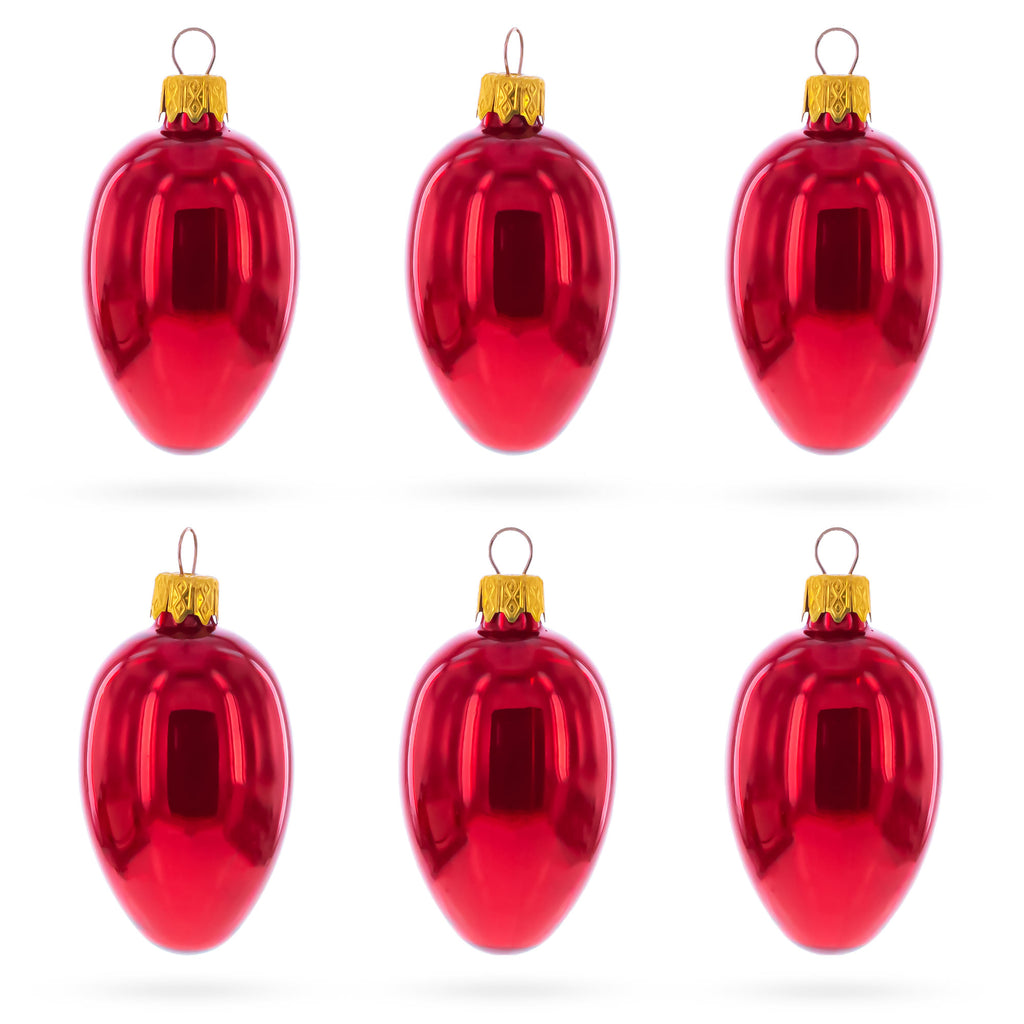 Set of 6 Glossy Red Mini Glass Egg Ornaments 2.9 Inches in Red color Oval