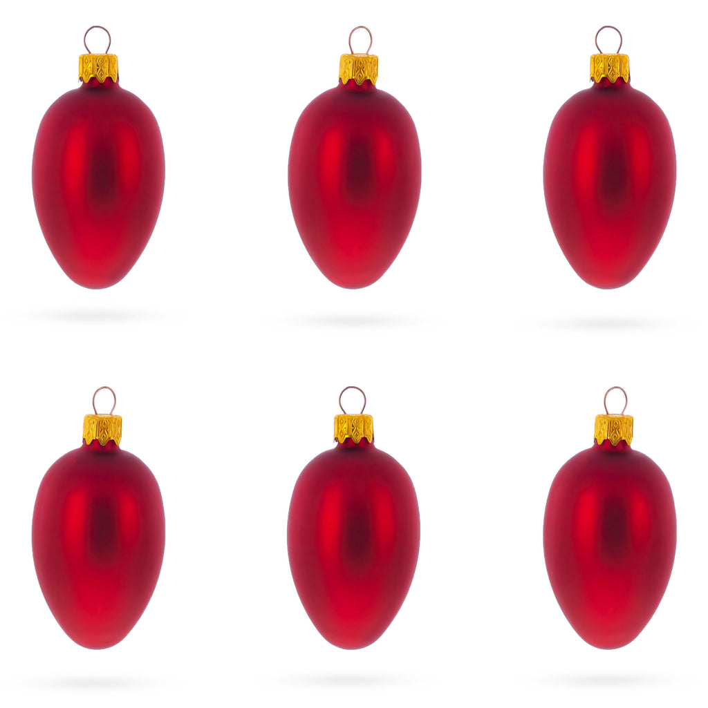 Set of 6 Matte Red Mini Glass Egg Ornaments 2.9 Inches in Red color Oval
