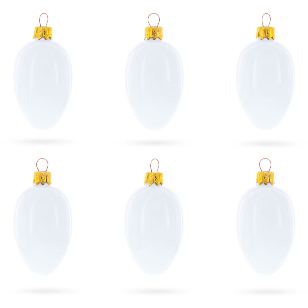 Set of 6 Glossy White Mini Glass Egg Ornaments 2.9 Inches in White color Oval