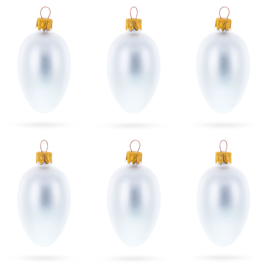 Set of 6 Matte  White Mini Glass Egg Ornaments 2.9 Inches in White color Oval