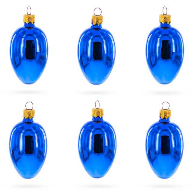 Set of 6 Glossy Blue Mini Glass Egg Ornaments 2.9 Inches in Blue color Oval