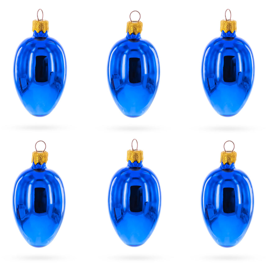 Set of 6 Glossy Blue Mini Glass Egg Ornaments 2.9 Inches in Blue color Oval