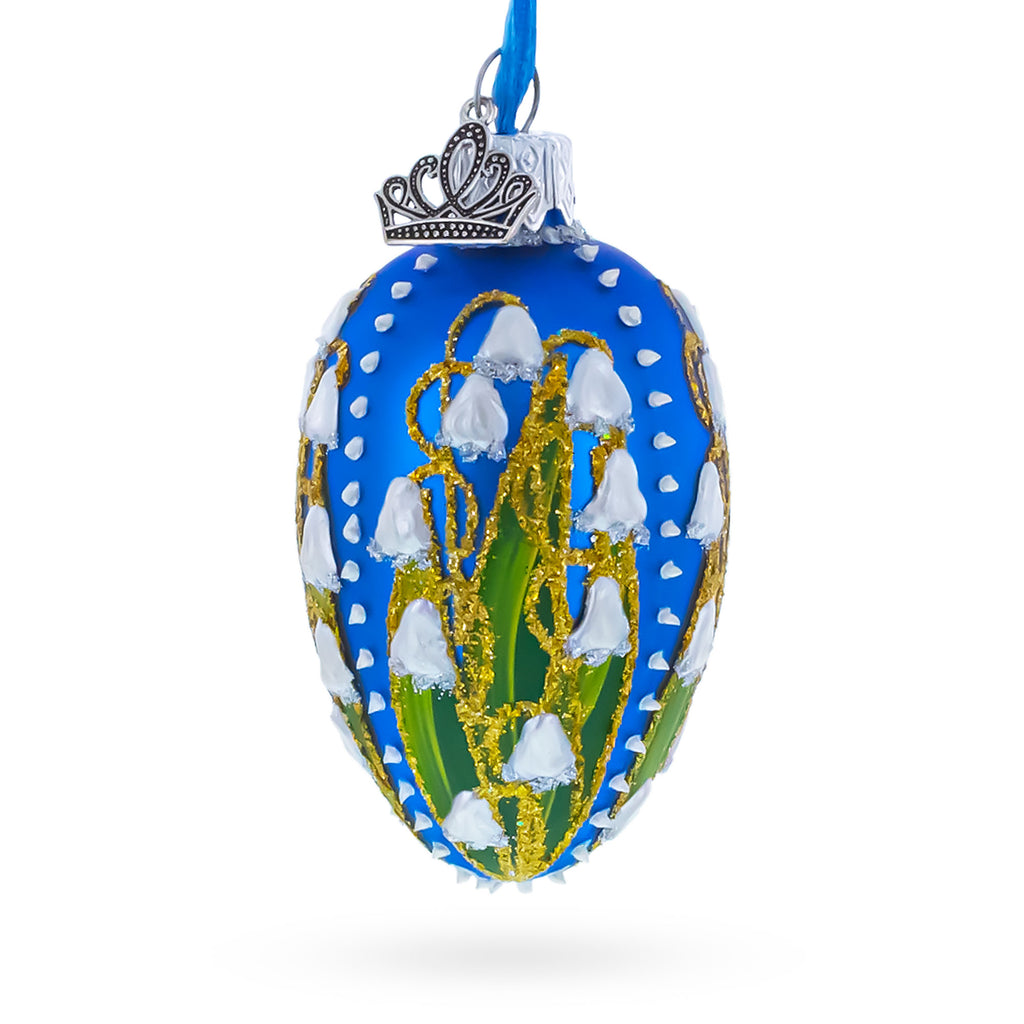 Lilies of the Valley on Blue Royal Mini Red Glass Egg Ornament in Gold color Oval