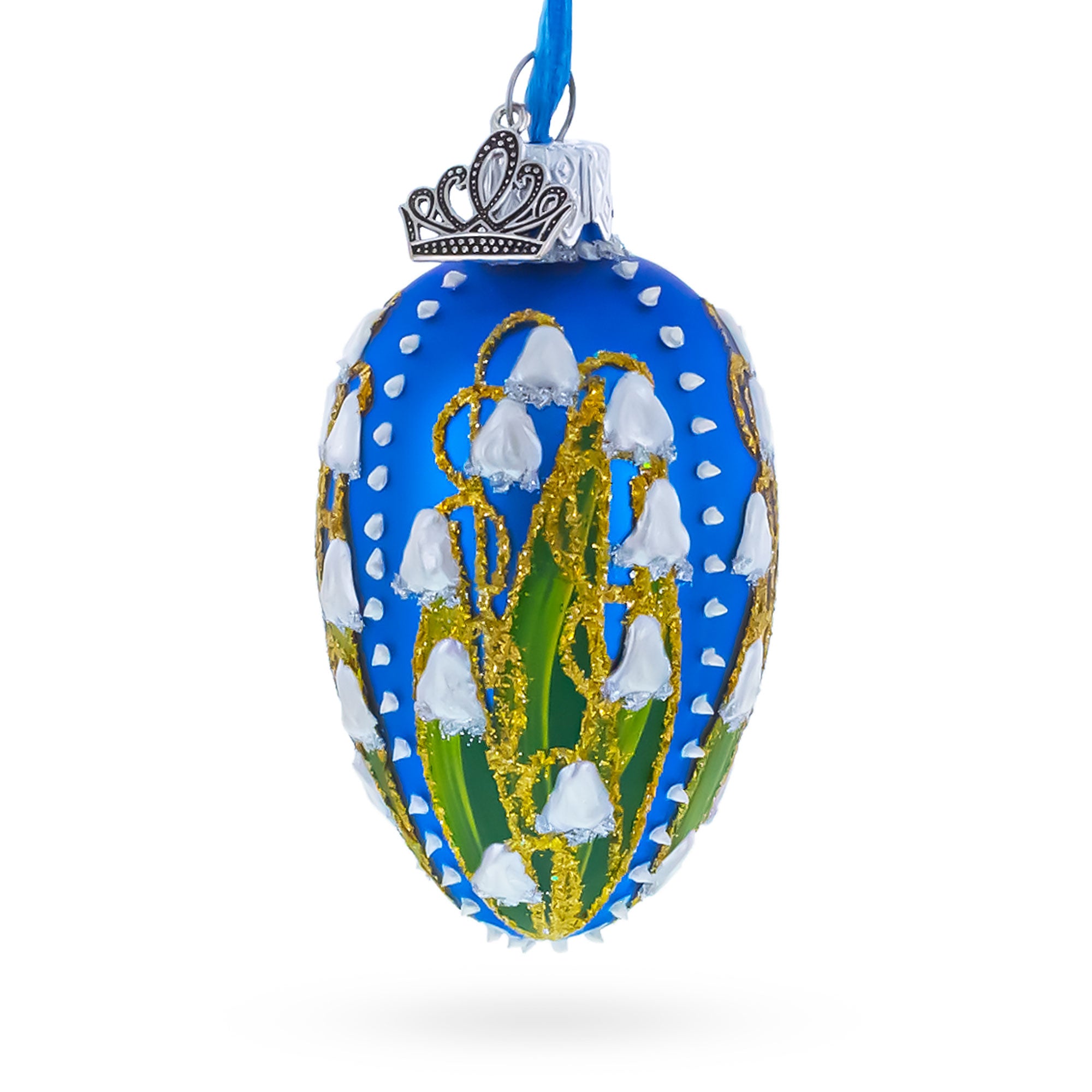 Lilies of the Valley on Blue Royal Mini Red Glass Egg Ornament in Gold color Oval