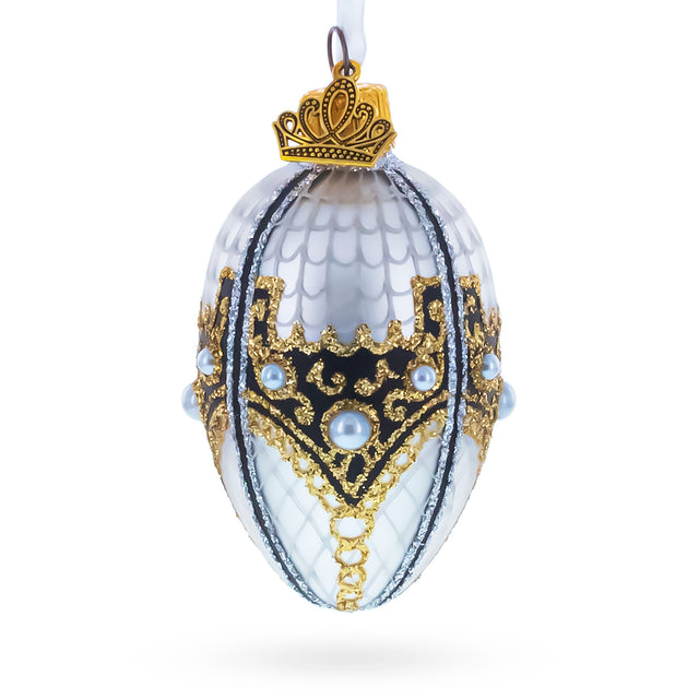 Mother of Pearl Mini Glass Egg Ornament 2.9 Inches in White color Oval