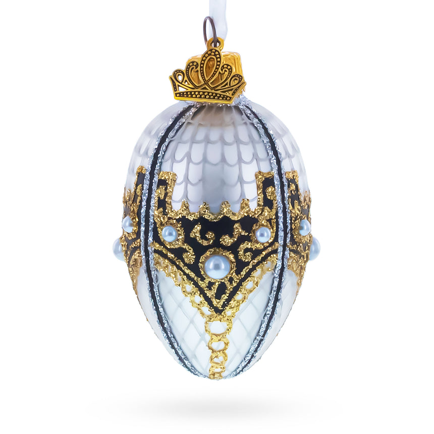 Mother of Pearl Mini Glass Egg Ornament 2.9 Inches in White color Oval