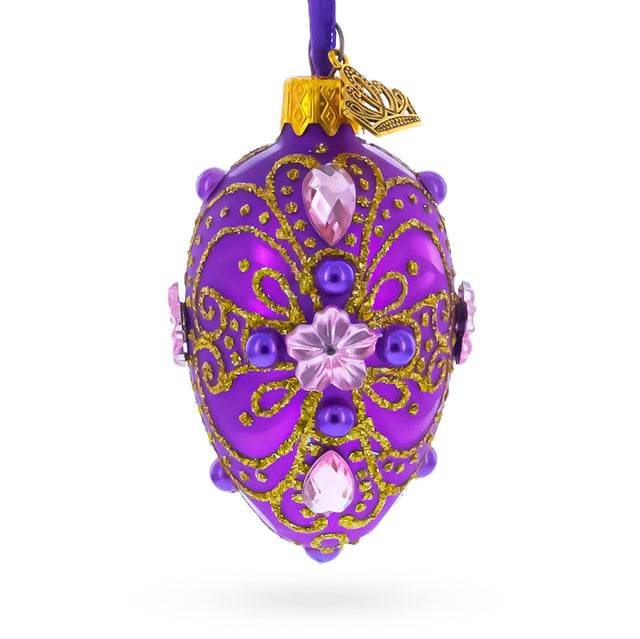 Flower on Purple Mini Glass Egg Ornament 2.9 Inches in Purple color Oval