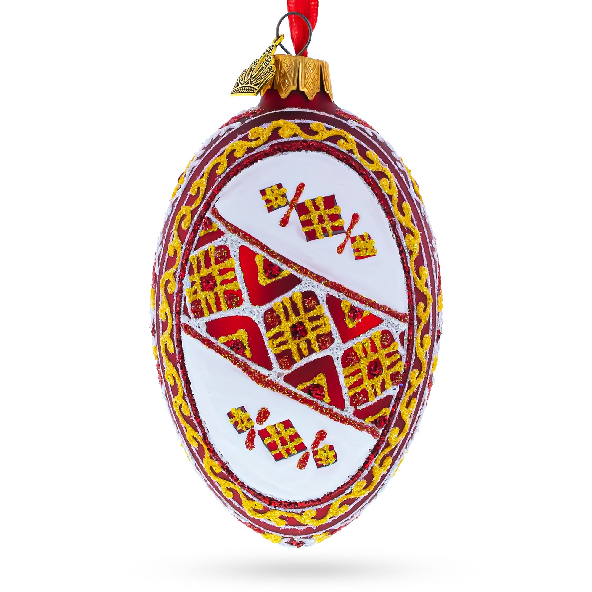 Red Stripe Ukrainian Pysanka Glass Egg Ornament 4 Inches in Red color Oval
