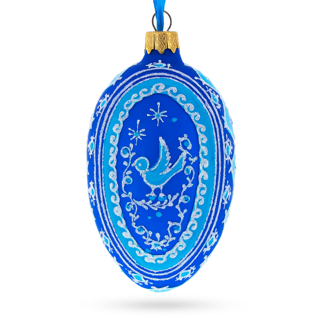 Blue Bird Pysanka Glass Egg Ornament 4 Inches in Blue color Oval
