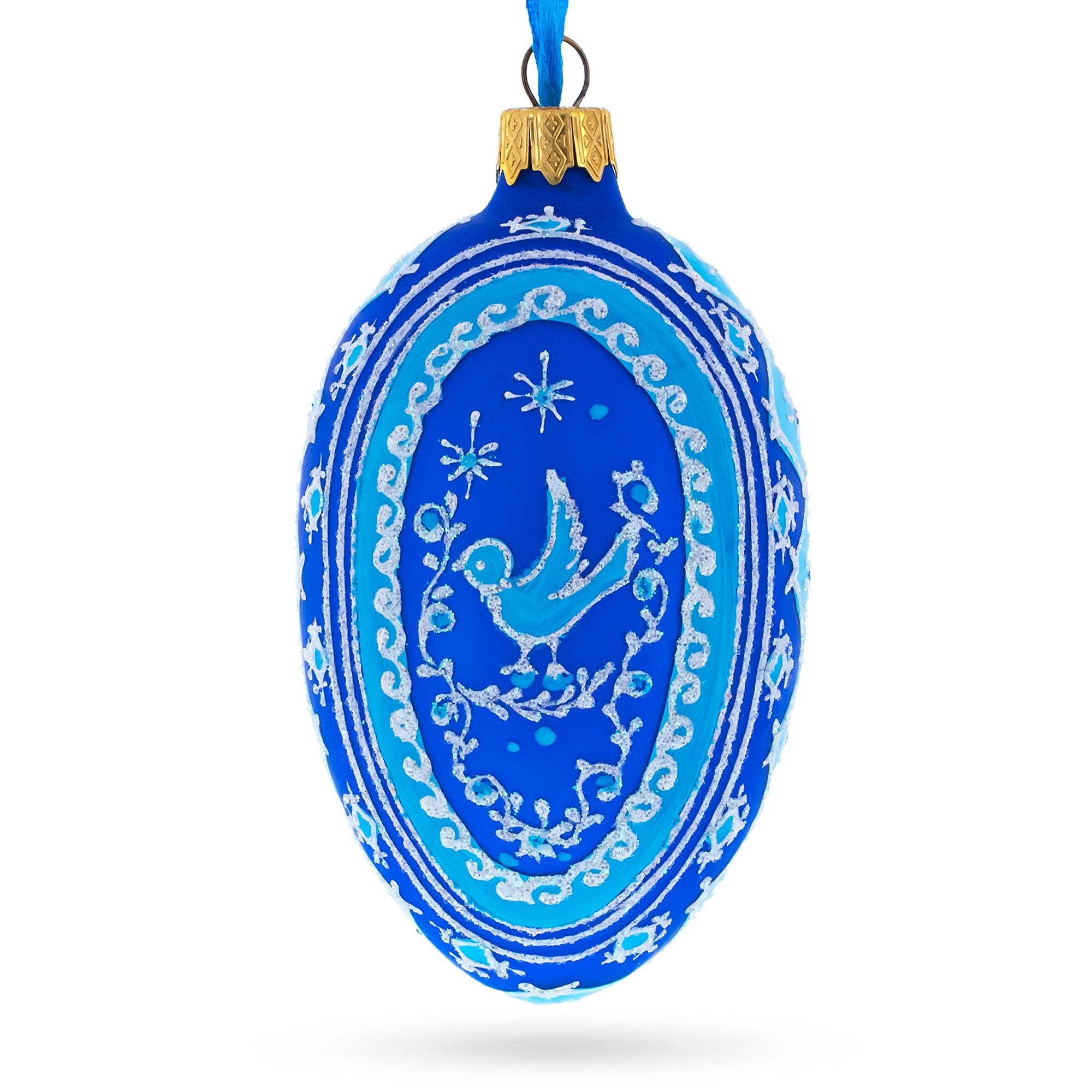 Blue Bird Pysanka Glass Egg Ornament 4 Inches in Blue color Oval