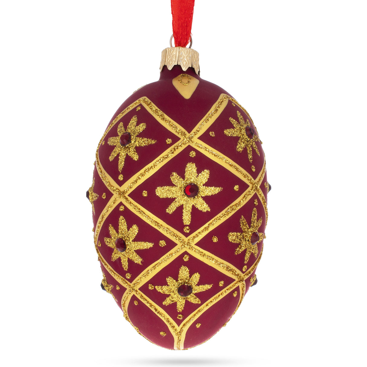 Gold Stars on Red Glass Egg Ornament 4 Inches in Red color, Oval shape