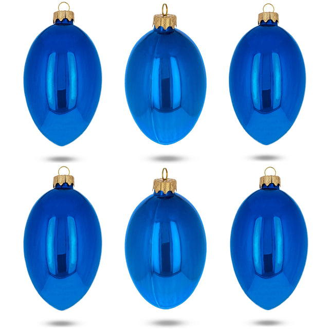 Set of 6 Blue Glossy Glass Egg Ornaments 4 Inches in Blue color, Oval shape