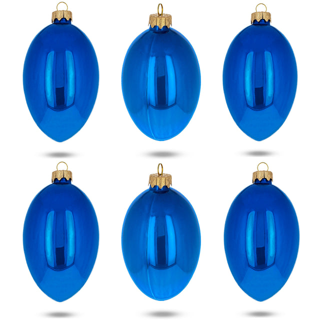 Set of 6 Blue Glossy Glass Egg Ornaments 4 Inches in Blue color Oval