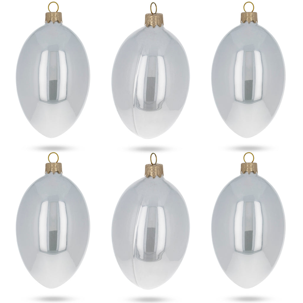 Set of 6 White Glossy Glass Egg Ornaments 4 Inches in White color, Oval shape