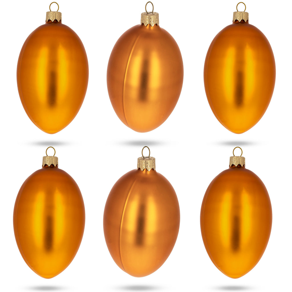 Set of 6 Orange Matte Glass Egg Ornaments 4 Inches in Gold color Oval