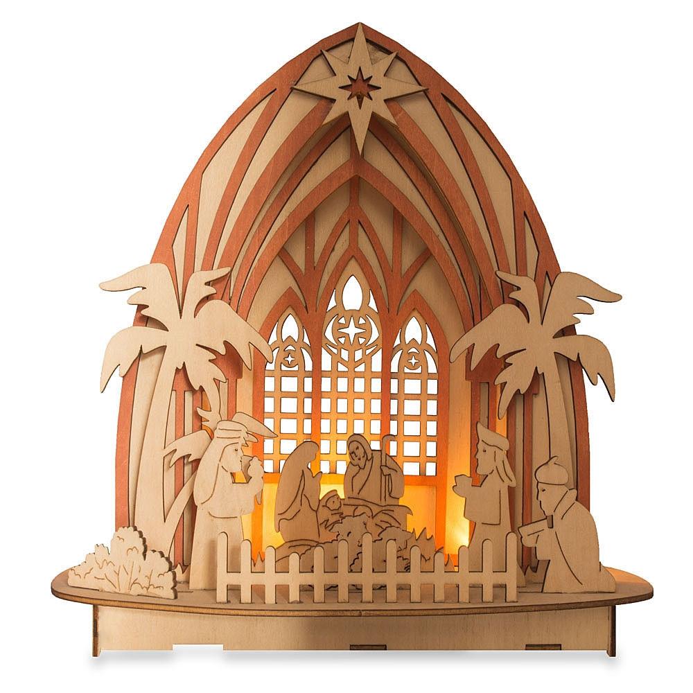Wooden Nativity Scene Set with LED Lights 11 Inches in Beige color