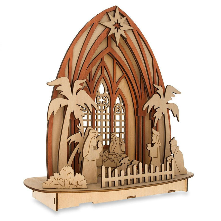 Shop Wooden Nativity Scene Set with LED Lights 11 Inches. Buy Religious Figurines Nativity Beige   for Sale by Online Gift Shop BestPysanky Nativity scene set figures Jesus religious gifts Catholic church wooden sculptures Christian Holiday decorations