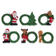 Set of 6 Santa, Snowman, Reindeer, Christmas Wreath Napkin Rings 2.5 Inches in Green color,  shape