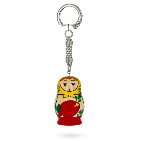 Floral Painting Matryoshka Wooden Key Chain in Red color,  shape