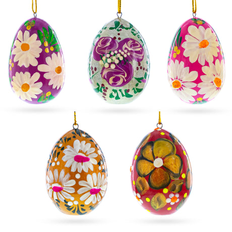 Wood Set of 5 Flowery Painting Miniatured Multicolored Wooden Easter Egg Ornaments in  color