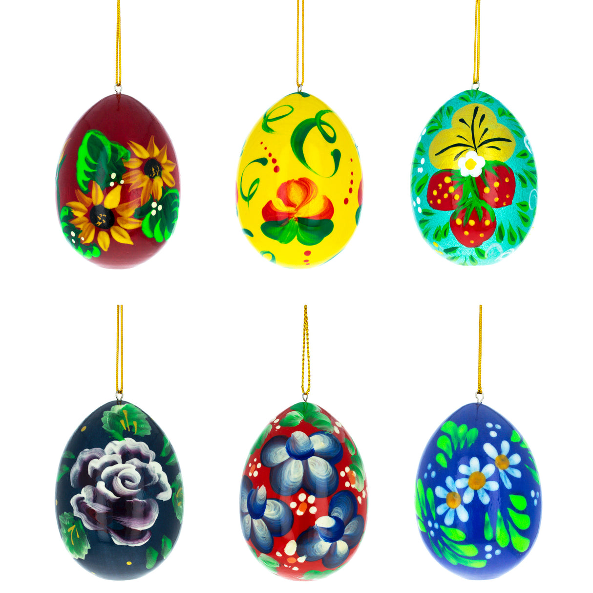Flowery Painting Multicolored Wooden Easter Egg Ornaments in Multi color,  shape