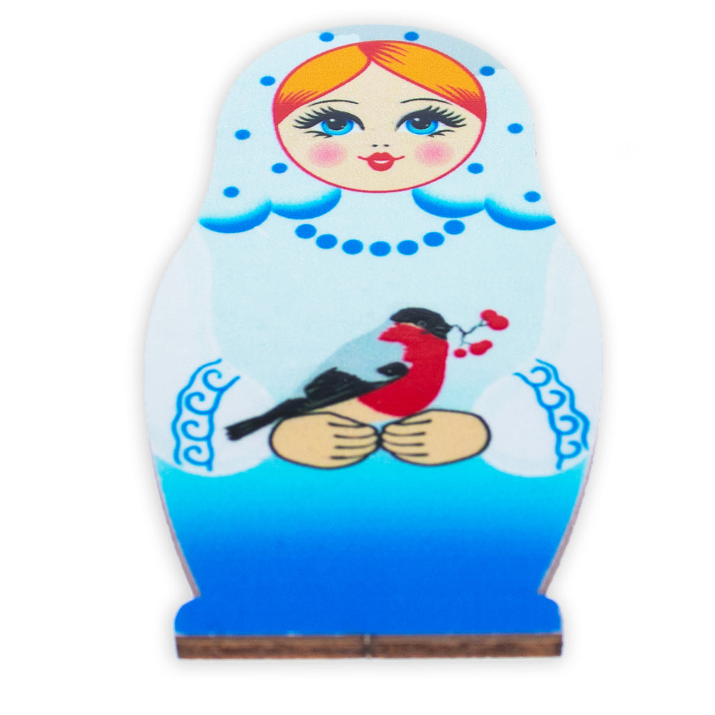 Girl with Bird Wooden Fridge Magnet in Blue color