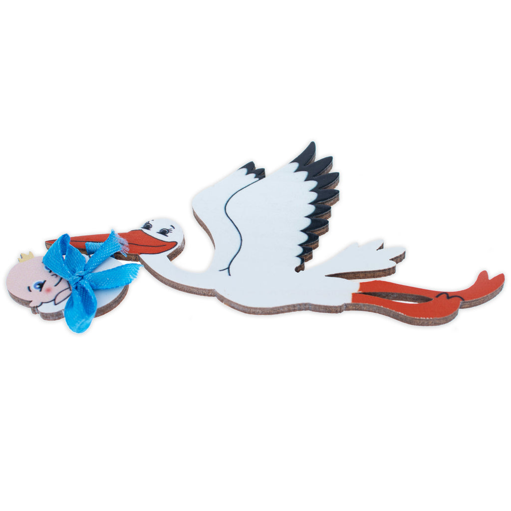 Stork Carrying a Baby Girl with Blue Ribbon Fridge Magnet in Blue color