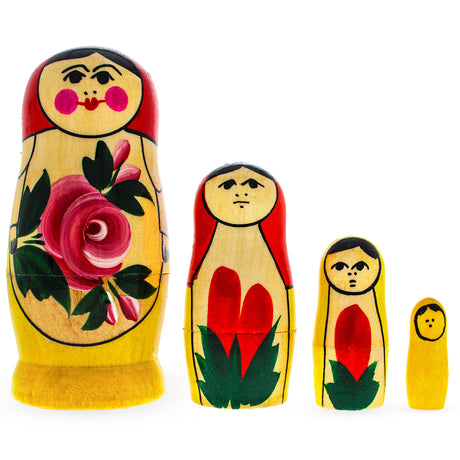 Wood Set of 4 Semenov Style Red Scarf Wooden Nesting Dolls in Multi color