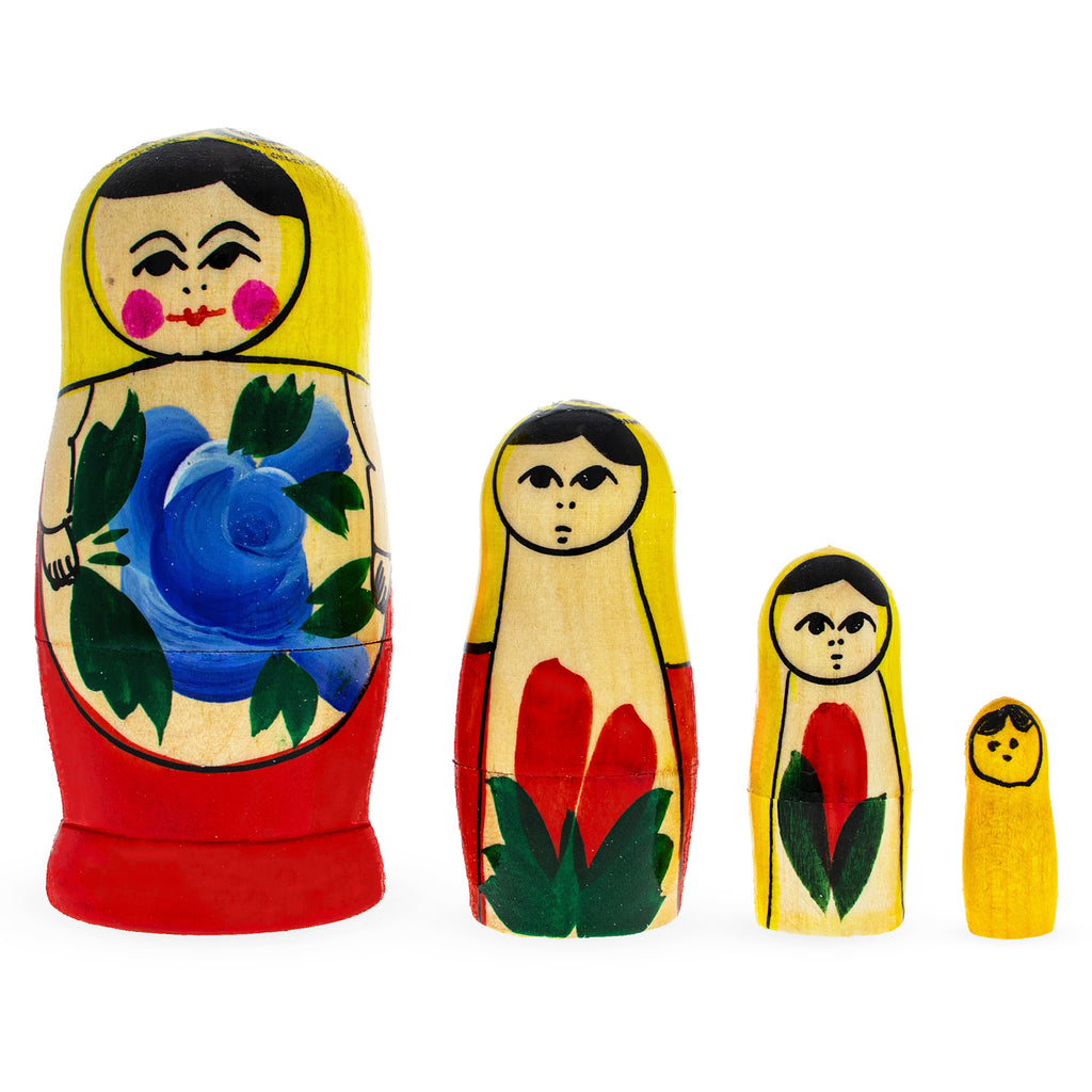 4 Pieces Girl with Yellow Scarf Matryoshka Wooden Nesting Dolls in Multi color