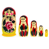 Set of 5 Semenov Style Red Scarf Matryoshka Wooden Nesting Dolls in Multi color
